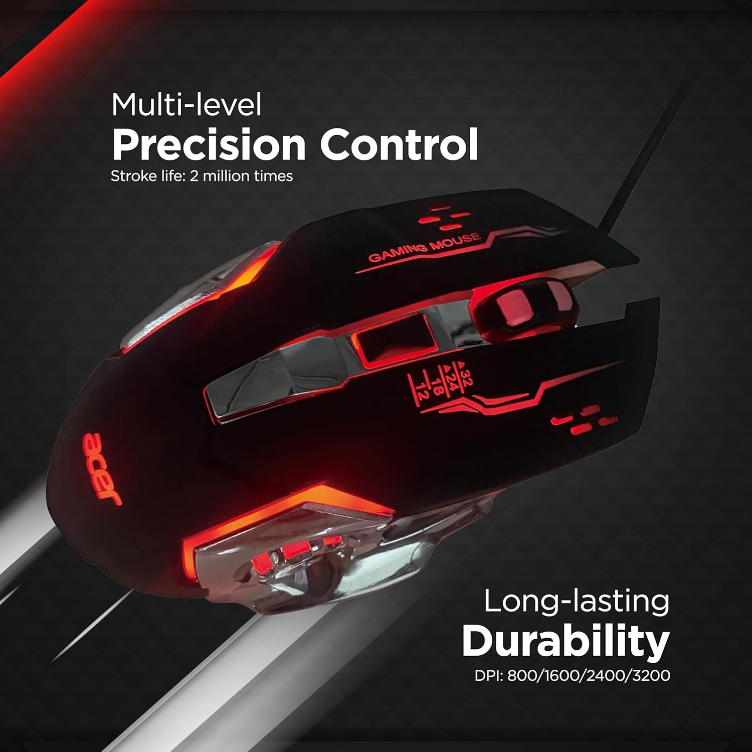 Acer 4 in 1 Wired Gaming Combo, 7 Color LED Backlit Keyboard, RGB Mouse (800/1600/2400/3200 DPI), Premium Gaming Headset (50mm Driver, 120dB) with Mixed Light Effect, Fabric Weave Mousepad (Black) - Image 5