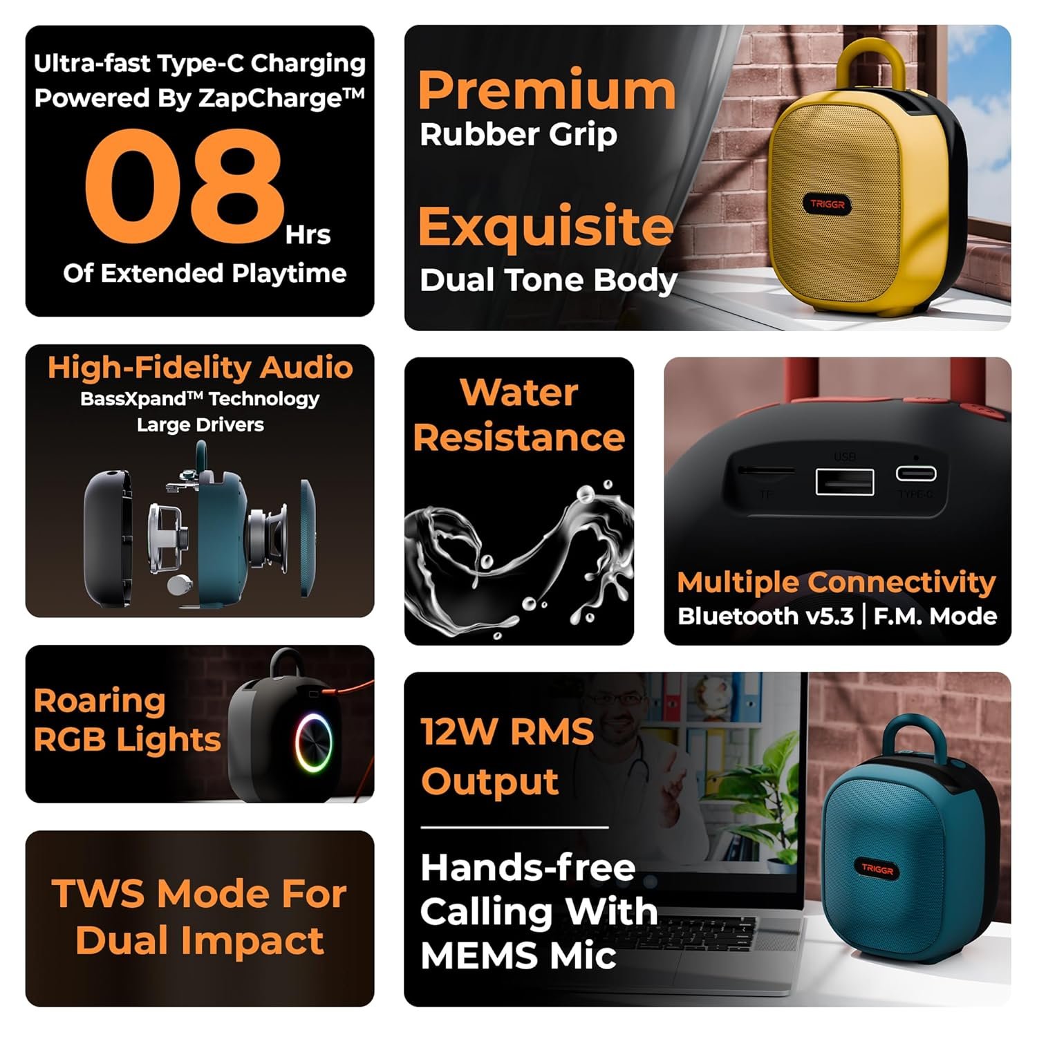 Roar 12 Portable Bluetooth Speaker, 12W Deep Bass, 8H Playtime, Type-C Fast Charging, BT v5.3, TWS Stereo Pairing, FM Radio, USB/SD Card, Handsfree with Built-in Mic (Onyx Blue) - Image 13