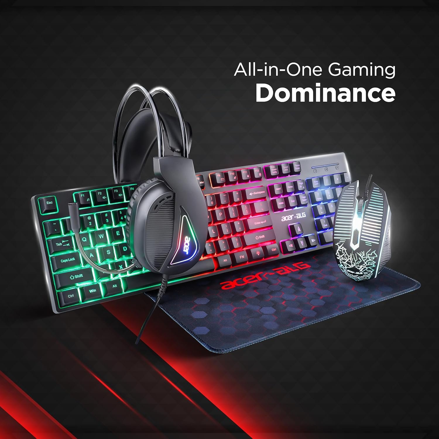 Acer 4 in 1 Wired Gaming Combo, 7 Color LED Backlit Keyboard, RGB Mouse (800/1600/2400/3200 DPI), Premium Gaming Headset (50mm Driver, 120dB) with Mixed Light Effect, Fabric Weave Mousepad (Black) - Image 7