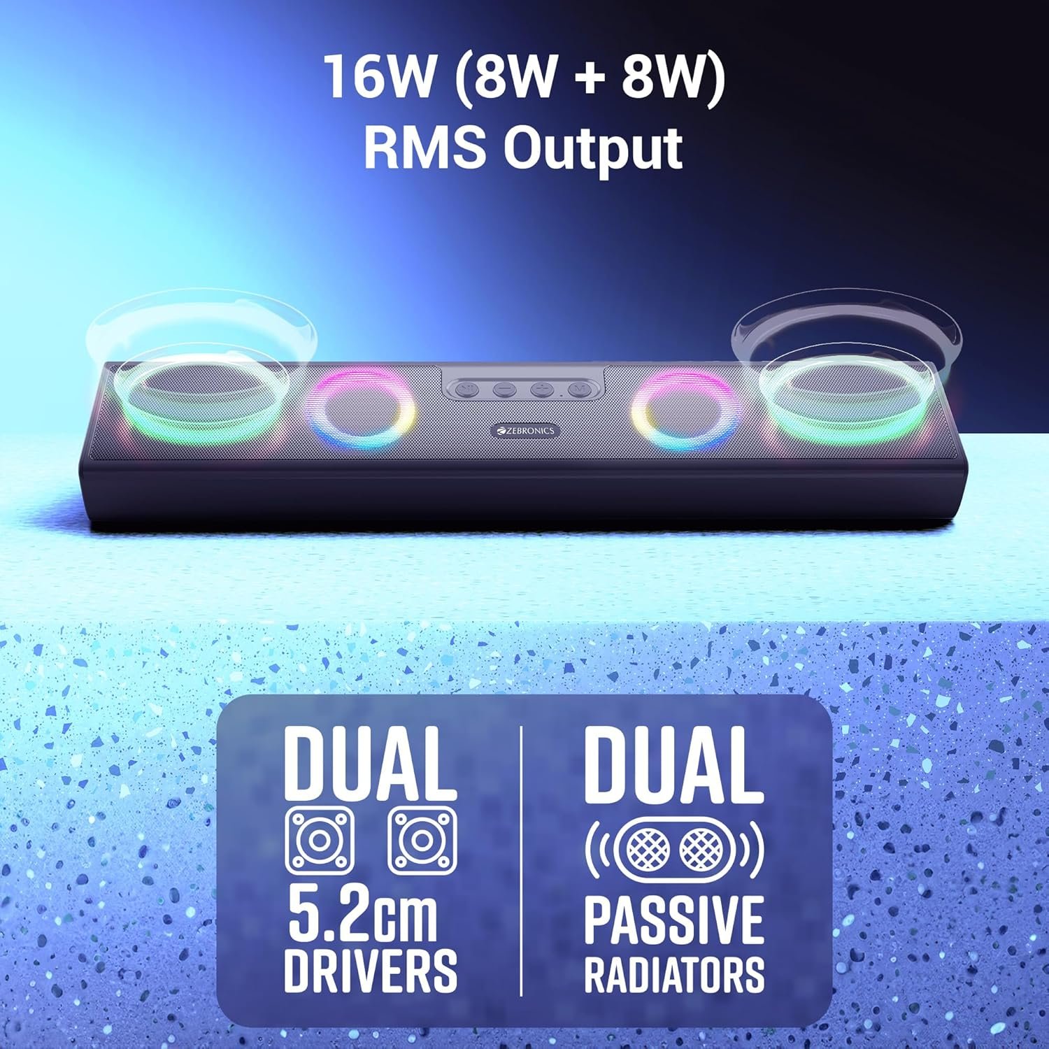 ZEBRONICS Astra 35, Portable Bluetooth Speaker, 16 Watts, Upto 8h Backup, Dual Drivers + Dual Passive Radiators, Call Function, Bluetooth v5.3 | USB | mSD| AUX, TWS, RGB LED - Image 7