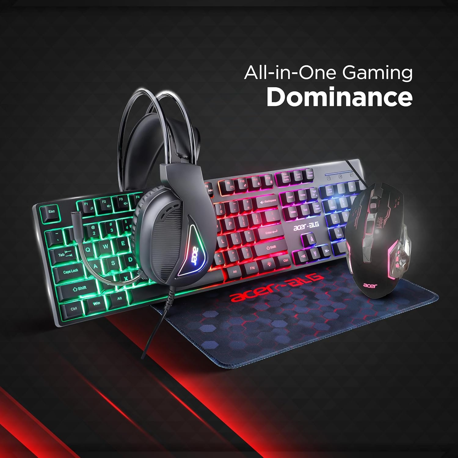 Acer 4 in 1 Wired Gaming Combo, 7 Color LED Backlit Keyboard, RGB Mouse (800/1600/2400/3200 DPI), Premium Gaming Headset (50mm Driver, 120dB) with Mixed Light Effect, Fabric Weave Mousepad (Black) - Image 2